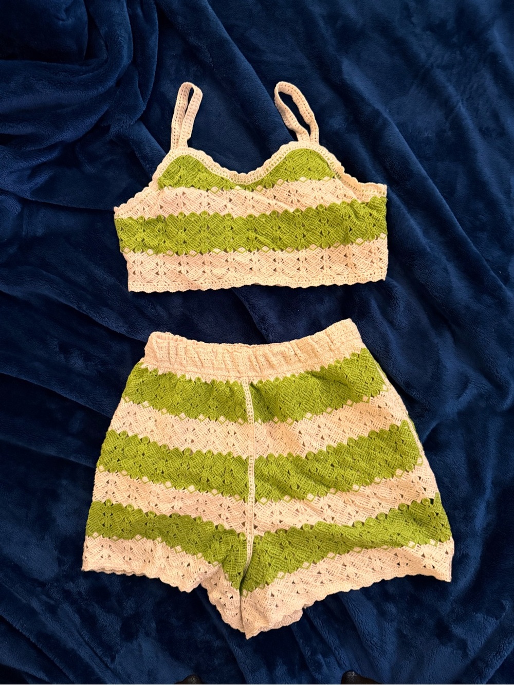 Crochet Stripe Bralette & Short Set - Green & Cream